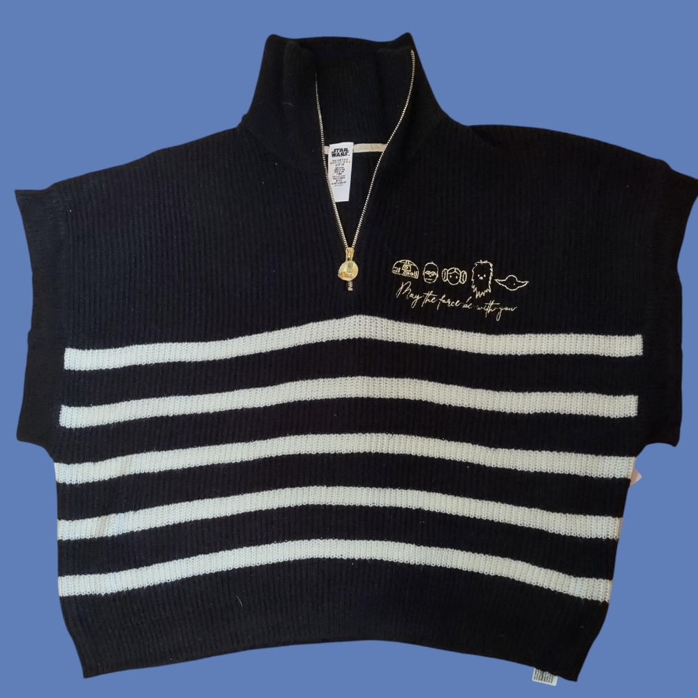 Star Wars Black White Stripe Sweater With Zipper V-neck and Gold Details